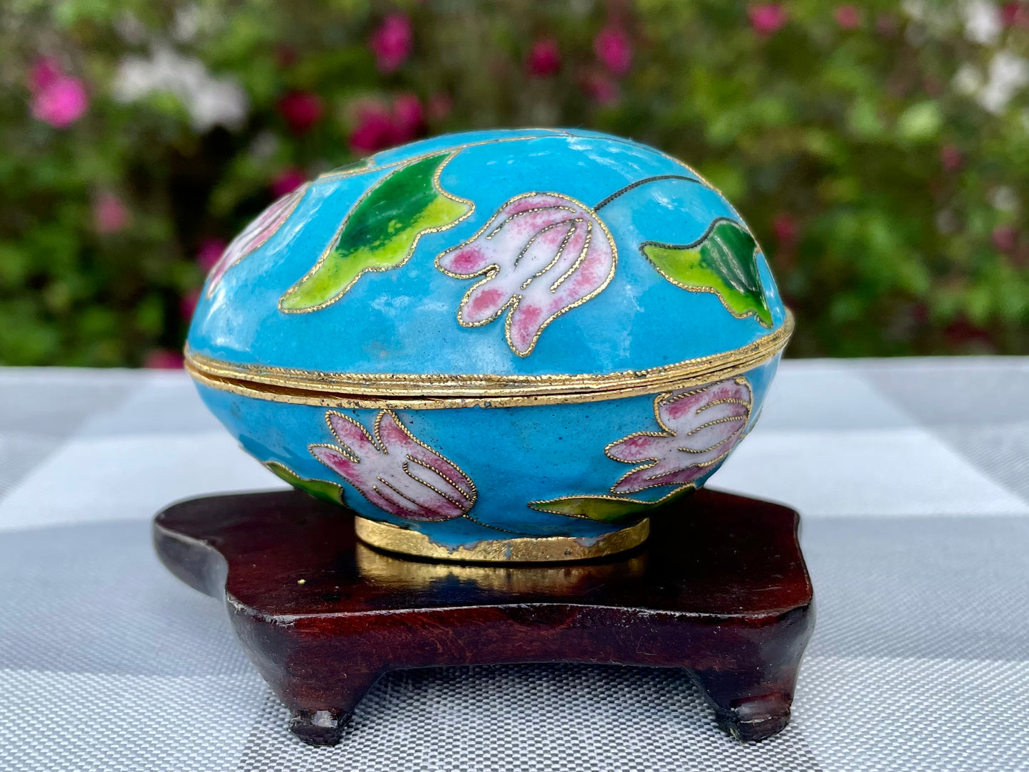 Vintage Cloisonne Blue Enamel and Pink Tulip Lateral Open Egg