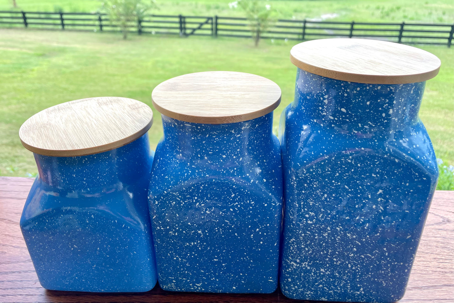 Vintage Blue Speckled Glass Kitchen Canister Set with Bamboo Lids