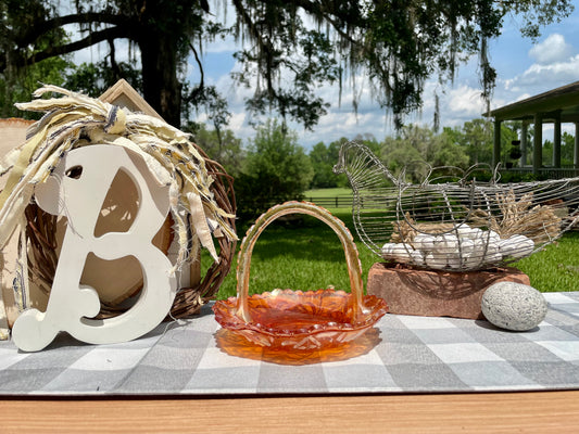 Vintage Marigold Carnival Glass Ornate Basket with Handle