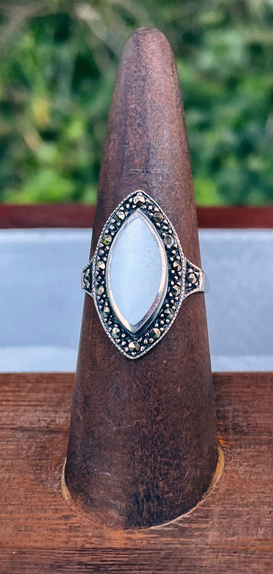 Vintage 925 White Opalescent Stone Triangular Shaped with illusion baguette halo Cocktail Ring