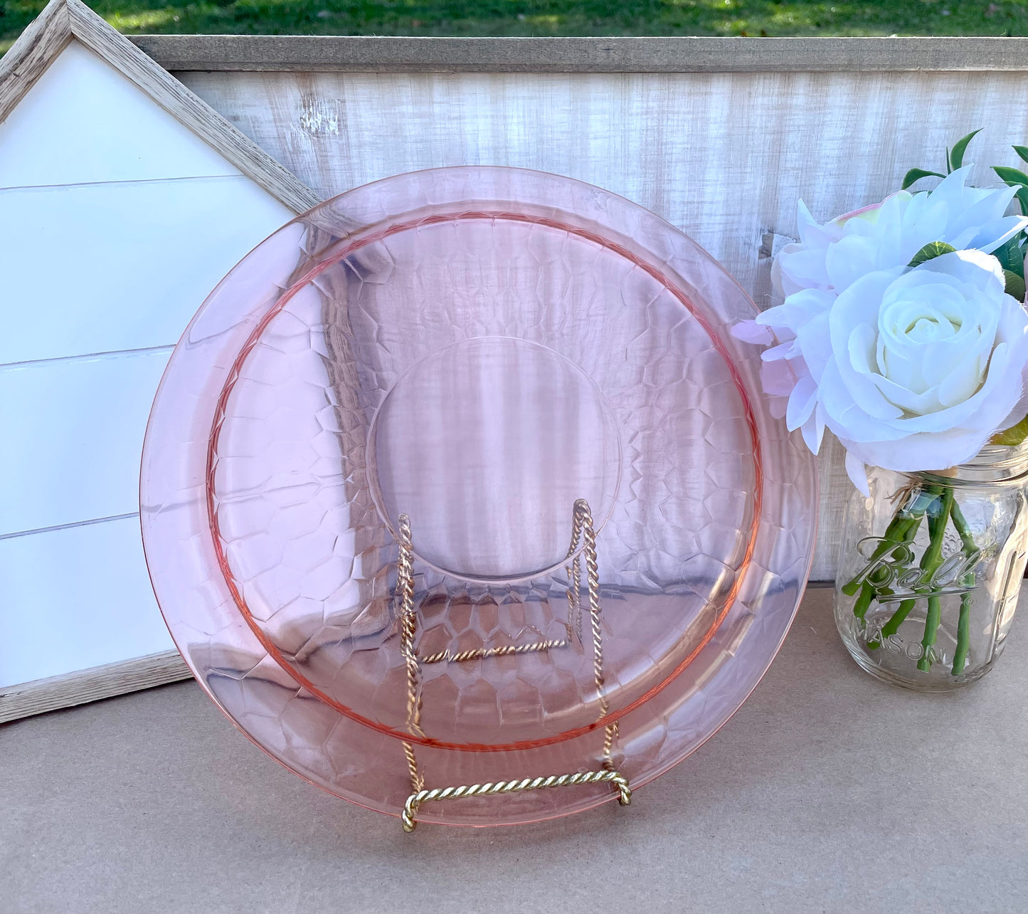 Antique Pink Depression Glass Honeycomb Pressed Cake Plate/ Vanity Tray