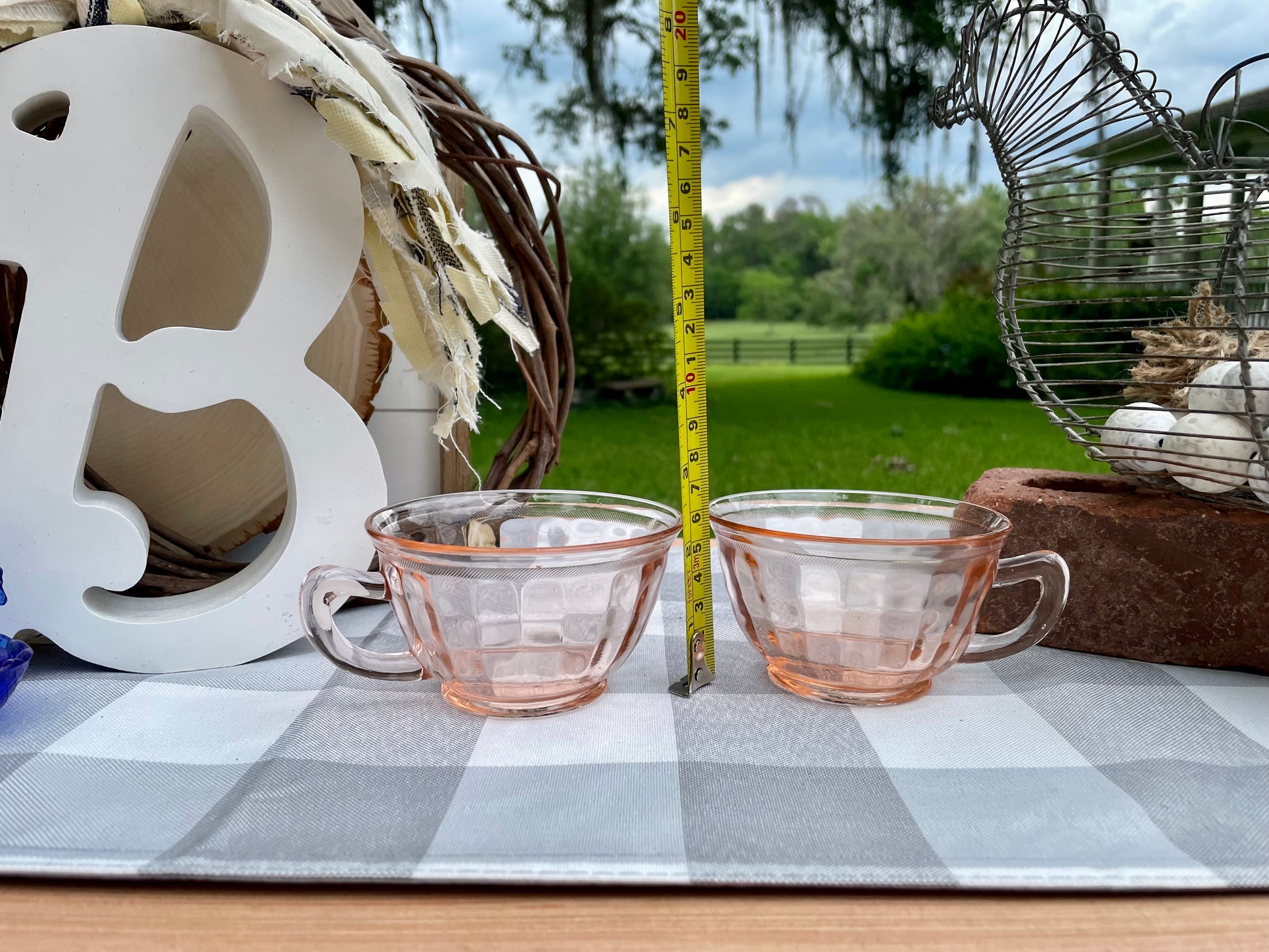 Antique Pink Depression Glass Square Optic Tea Cup and Saucer Set