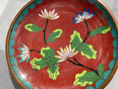 Antique Chinese Cloisonné Red and Blue Enamel over Bronze Round Decorative Plate