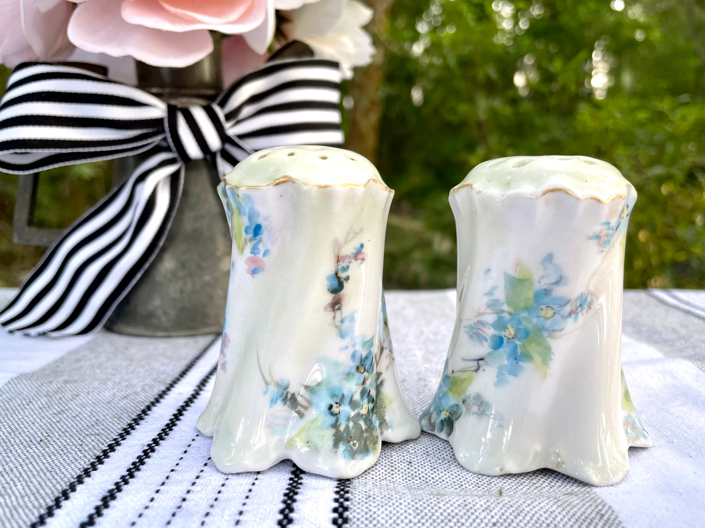 RC Rosenthal Versailles Bavaria China White Ceramic Salt and Pepper Shakers with Blue Daisies and Gold Trim