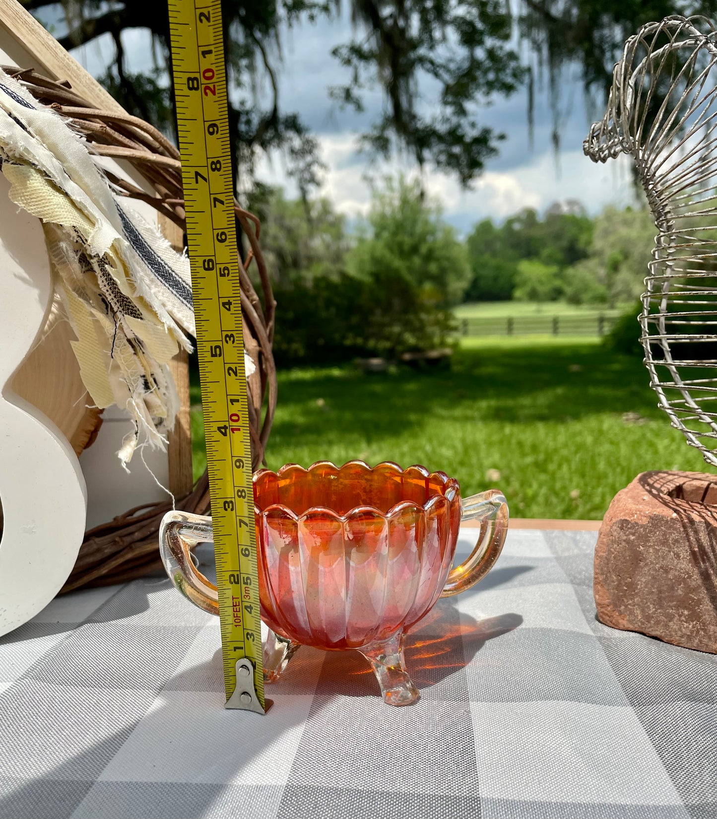 Vintage Marigold Carnival Glass Scalloped Sugar Bowl with Handles