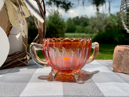 Vintage Marigold Carnival Glass Scalloped Sugar Bowl with Handles