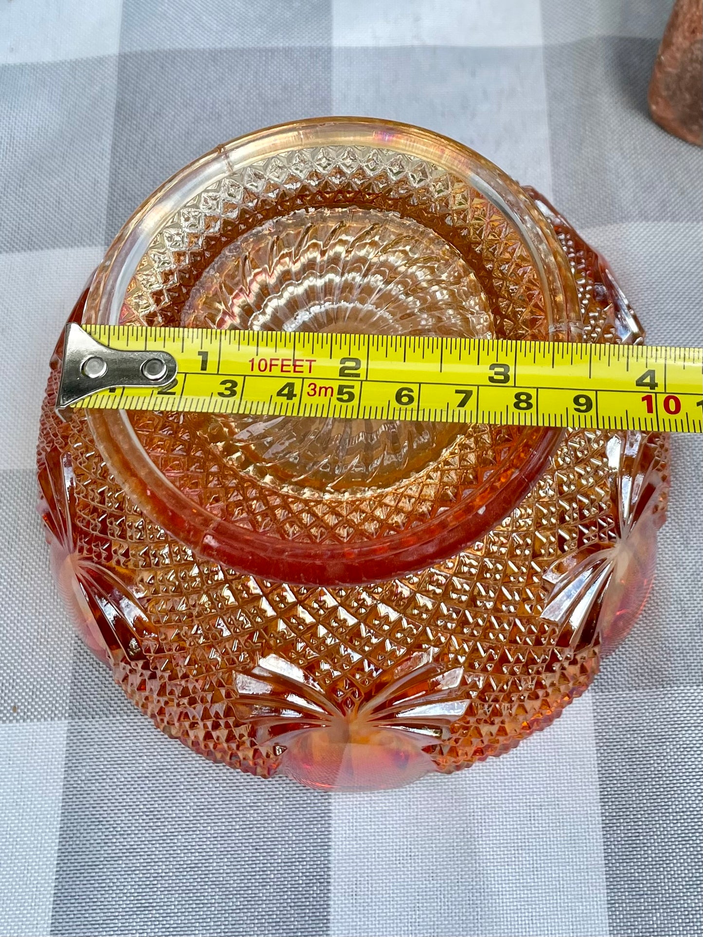 Vintage Marigold Diamond Bow Optic Scalloped Edge Carnival Glass Bowl with Bow Details