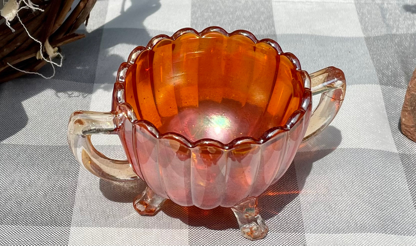 Vintage Marigold Carnival Glass Scalloped Sugar Bowl with Handles