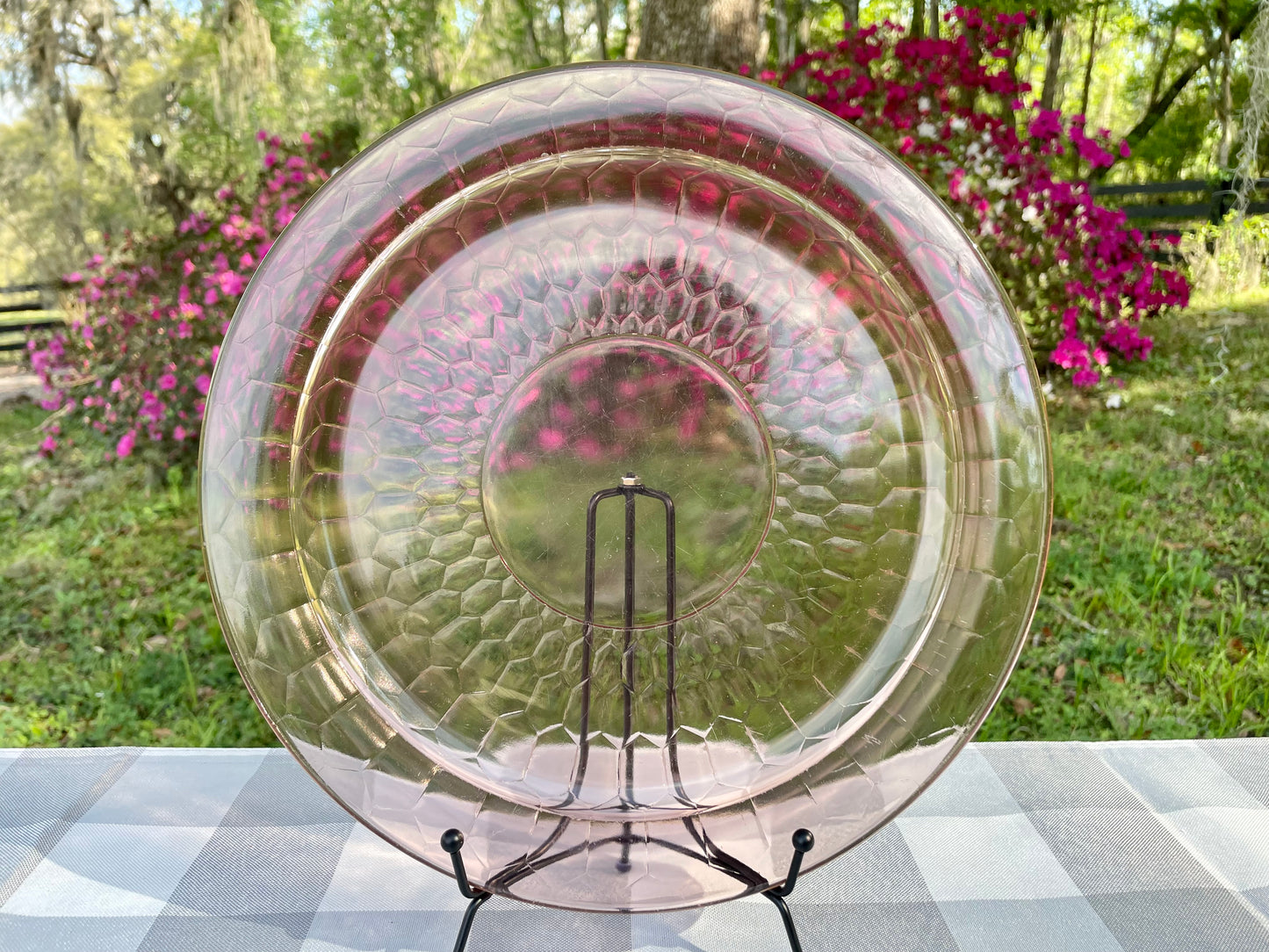 Antique Pink Depression Glass Honeycomb Pressed Cake Plate/ Vanity Tray