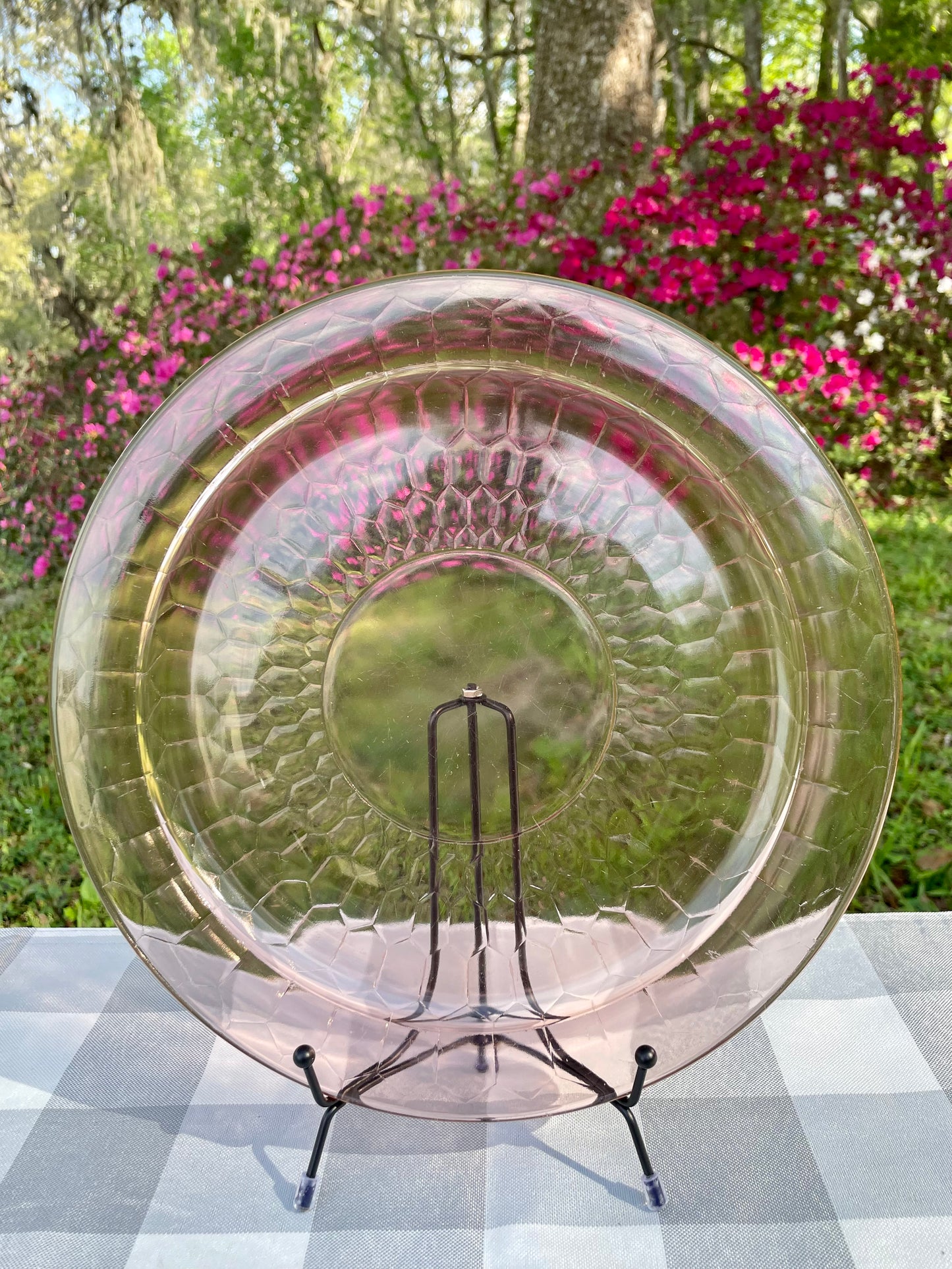 Antique Pink Depression Glass Honeycomb Pressed Cake Plate/ Vanity Tray