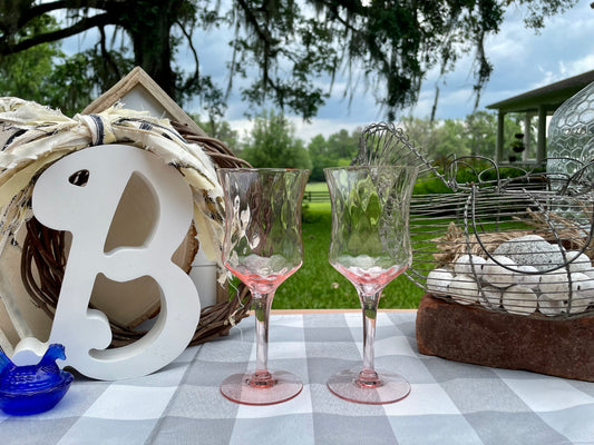 Vintage Set of 2 Pink Depression Glass Tiffin Diamond Optic Stemware Wine Glasses