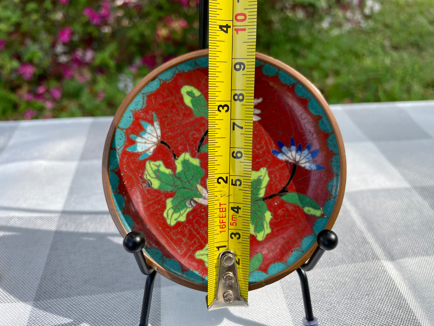 Antique Chinese Cloisonné Red and Blue Enamel over Bronze Round Decorative Plate