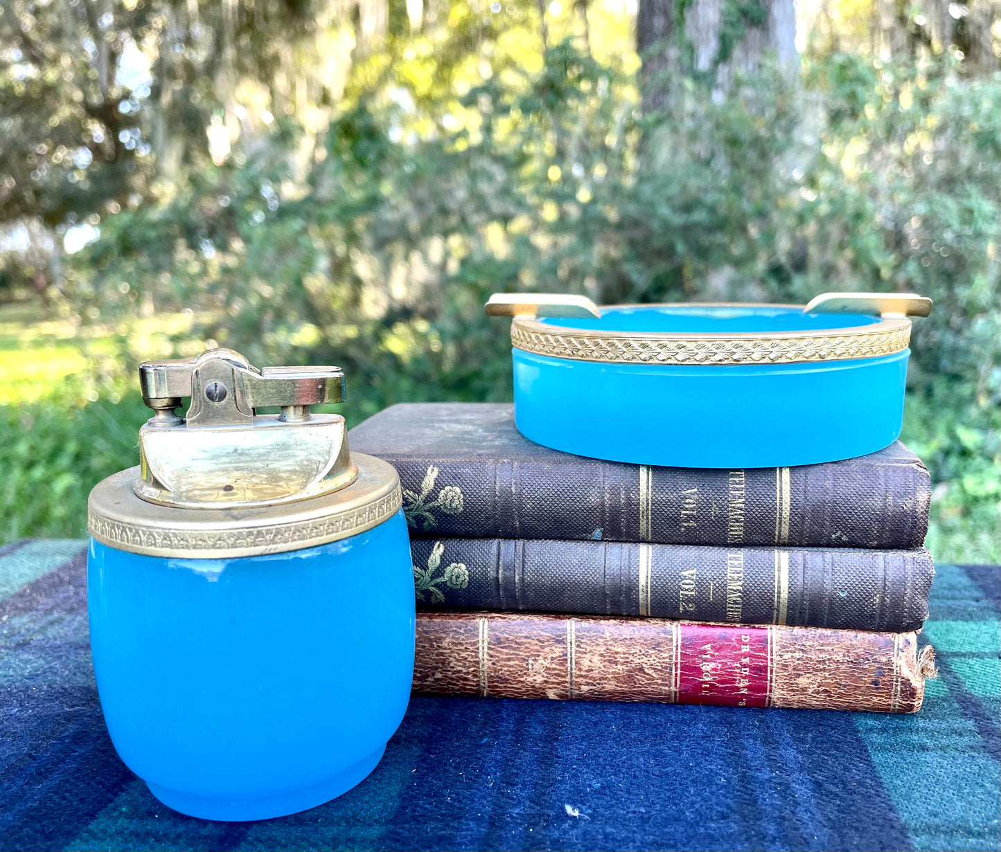 Antique Ocean Blue Opaline Glass Smoking Set by Casa Del Regalo Bortoli Venezia