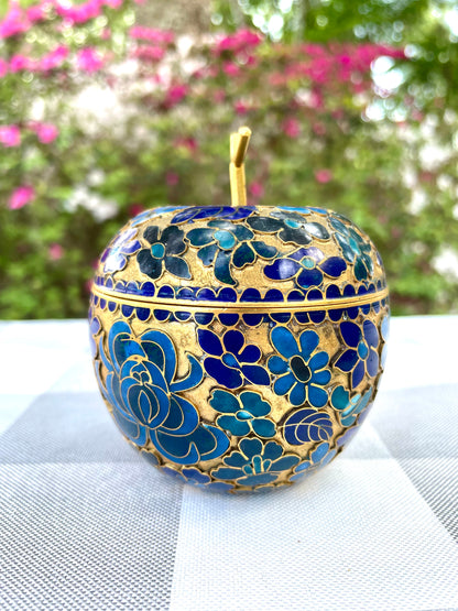 Vintage Cloisonne Brass Apple with Blue Enamel Flowers Trinket Box