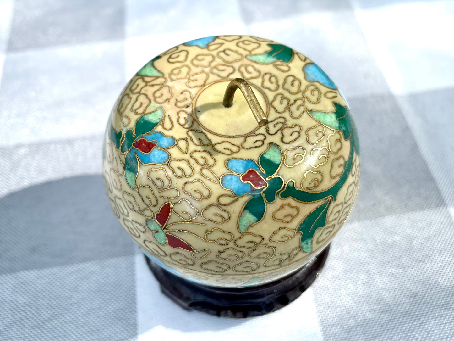 Vintage Yellow Apple Shaped Cloisonné Trinket Jar with Blue Flowers