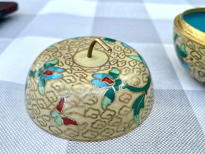 Vintage Yellow Apple Shaped Cloisonné Trinket Jar with Blue Flowers