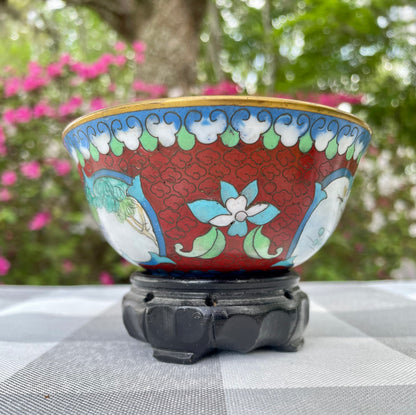 Vintage Cloisonne Enamel over Copper Red Accent Bowl