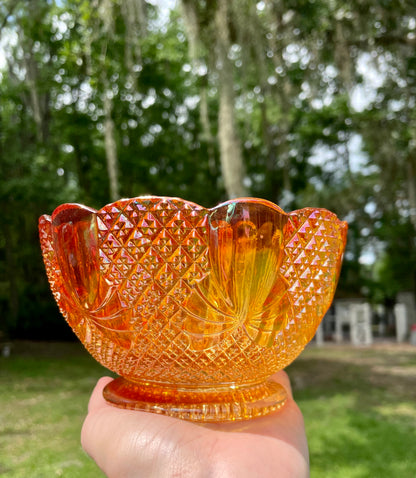 Vintage Marigold Diamond Bow Optic Scalloped Edge Carnival Glass Bowl with Bow Details