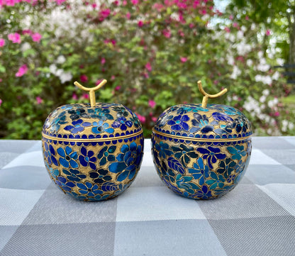 Vintage Cloisonne Brass Apple with Blue Enamel Flowers Trinket Box