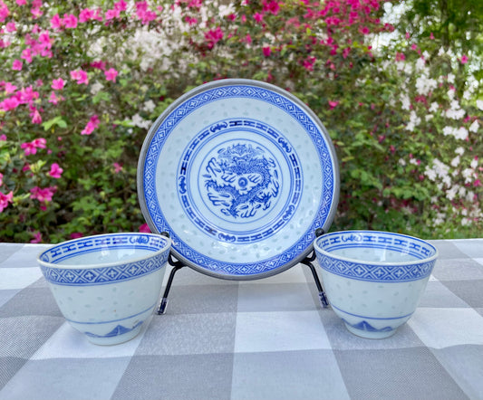 Vintage White Ceramic Blue Dragon Sake Cups and Rice Bowl Set