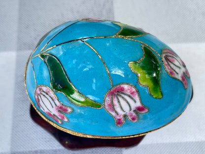 Vintage Cloisonne Blue Enamel and Pink Tulip Lateral Open Egg