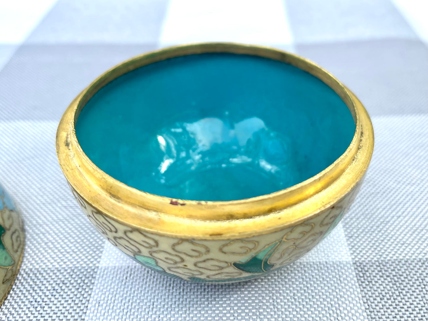 Vintage Yellow Apple Shaped Cloisonné Trinket Jar with Blue Flowers