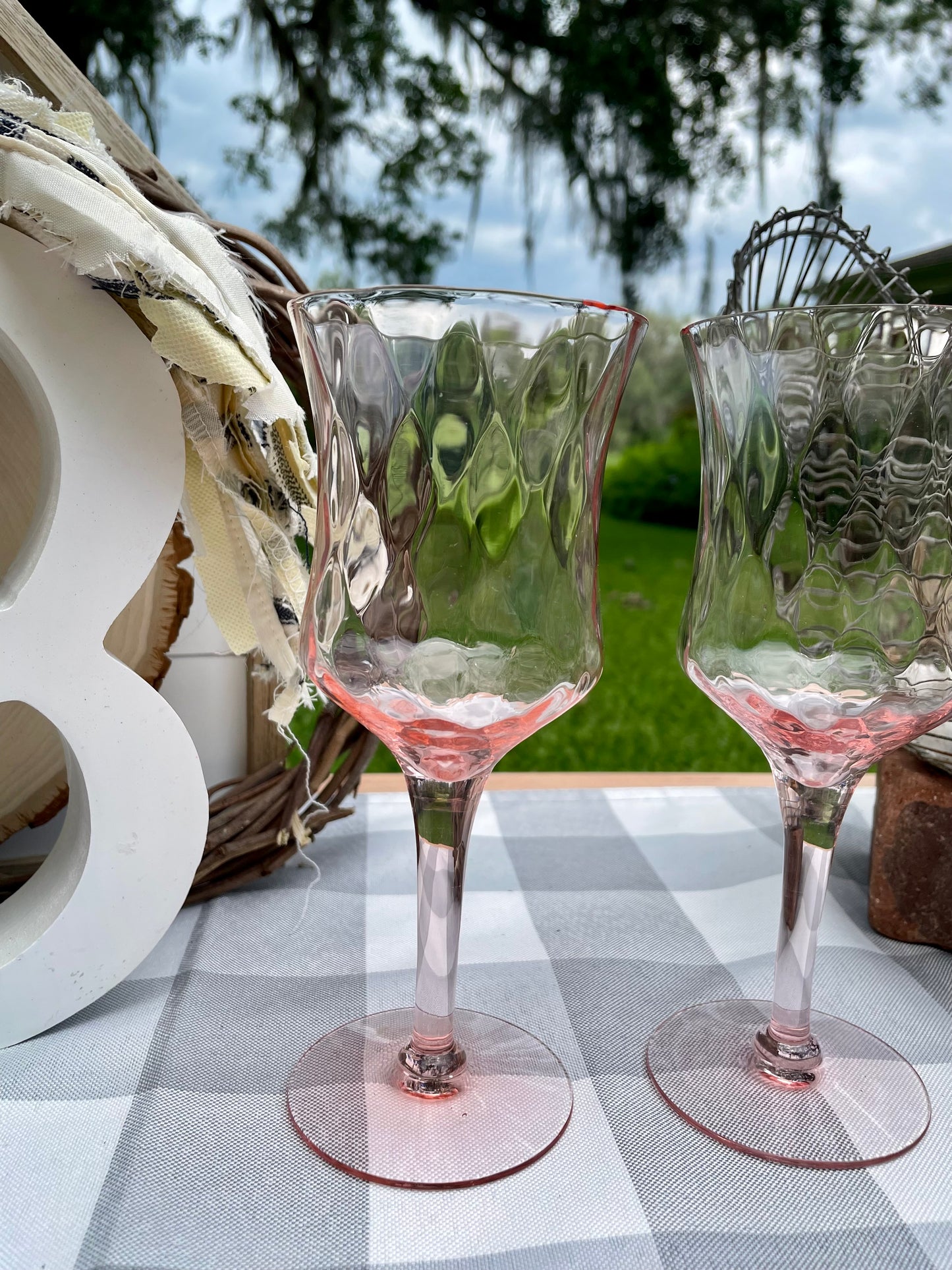 Vintage Set of 2 Pink Depression Glass Tiffin Diamond Optic Stemware Wine Glasses