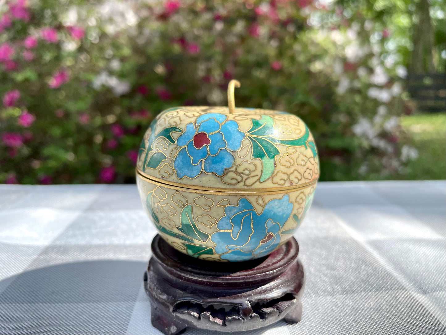 Vintage Yellow Apple Shaped Cloisonné Trinket Jar with Blue Flowers