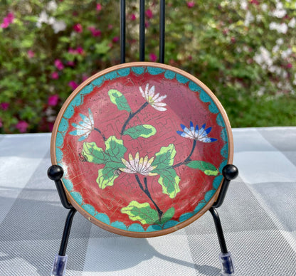 Antique Chinese Cloisonné Red and Blue Enamel over Bronze Round Decorative Plate