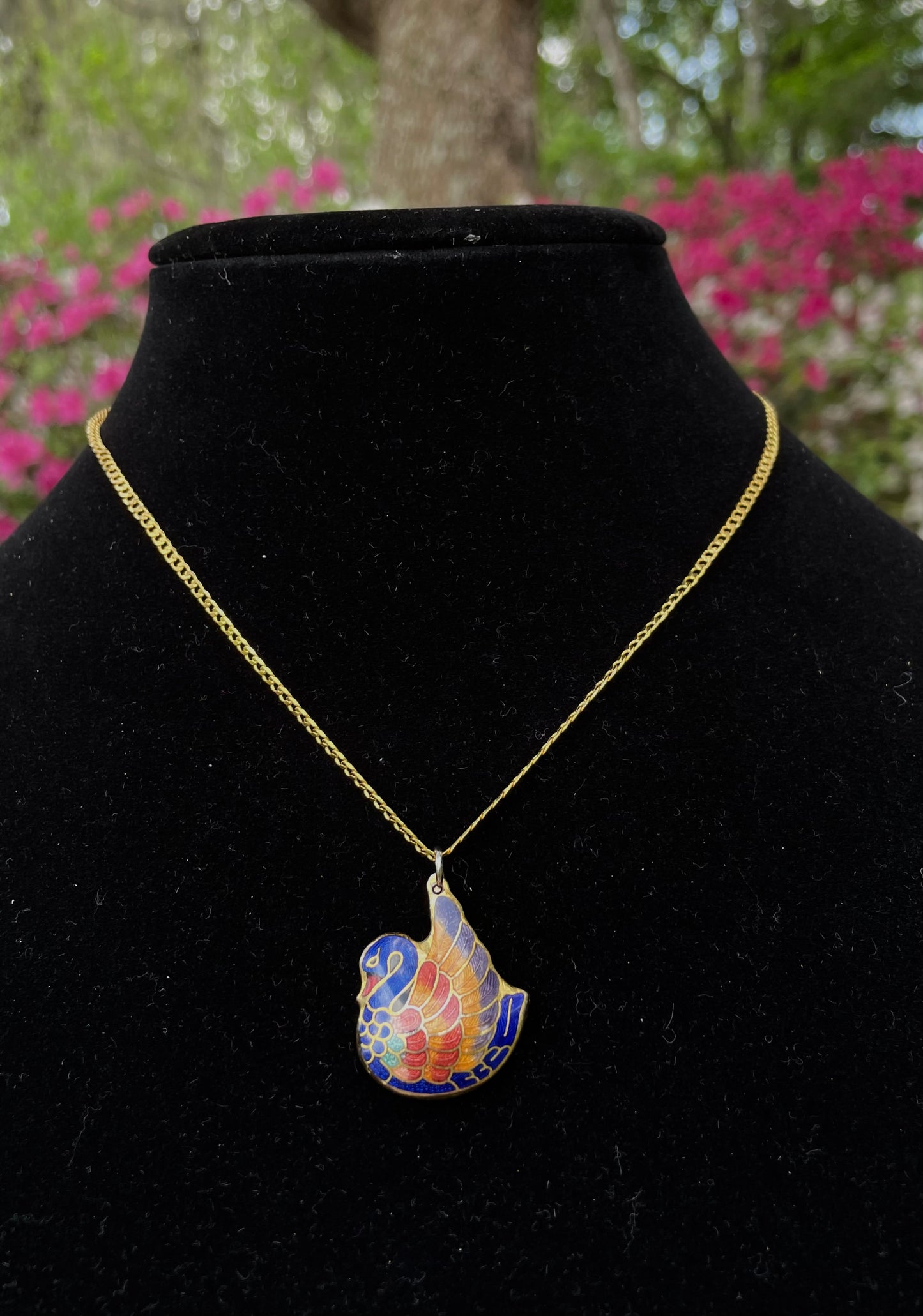 Vintage Cloisonne Rainbow Swan Puff Pendant Necklace