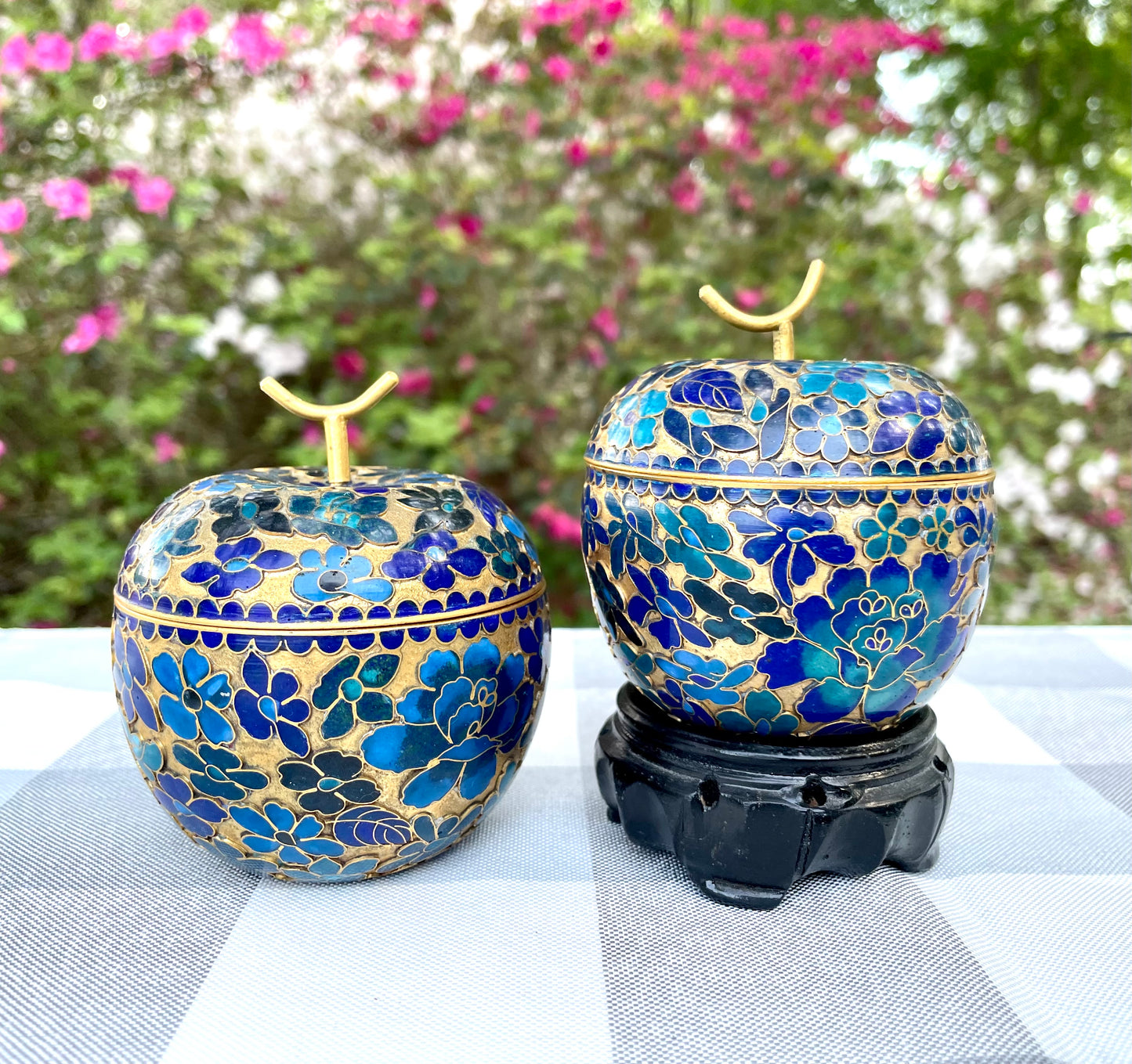 Vintage Cloisonne Brass Apple with Blue Enamel Flowers Trinket Box