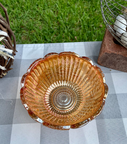 Vintage Marigold Diamond Bow Optic Scalloped Edge Carnival Glass Bowl with Bow Details