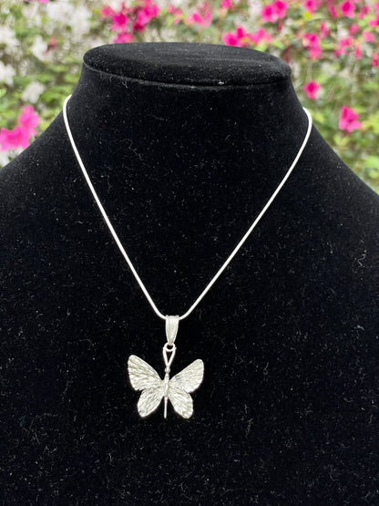 Vintage 925 Silver Minimalist Etched Butterfly Pendant Necklace