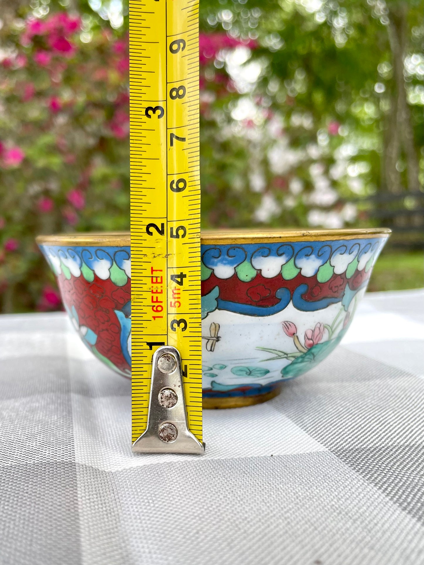 Vintage Cloisonne Enamel over Copper Red Accent Bowl