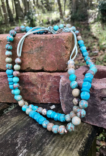 Turquoise Beaded Suede Rope Style Necklace