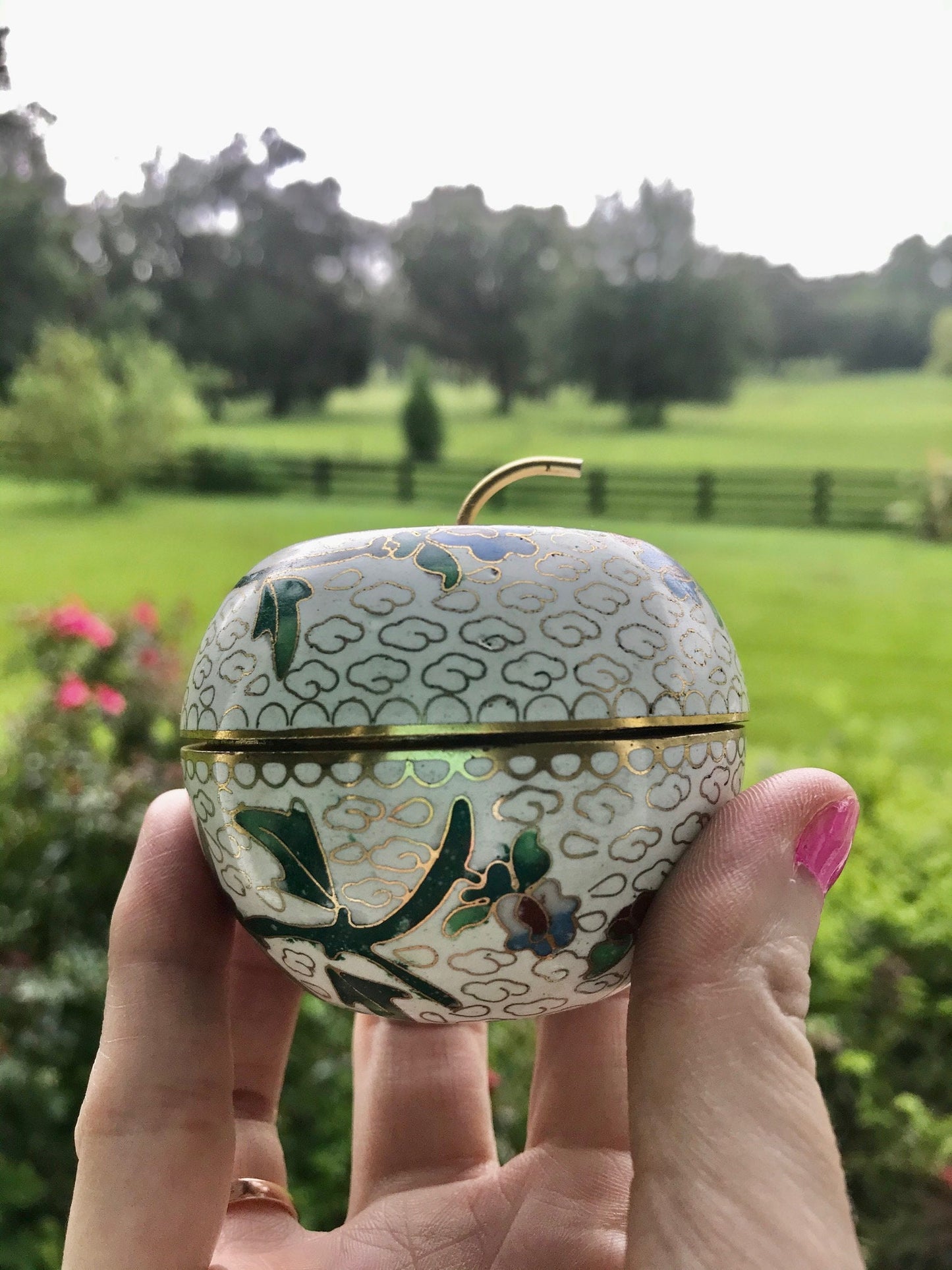 Vintage Cloisonne White Apple Shaped Trinket Box