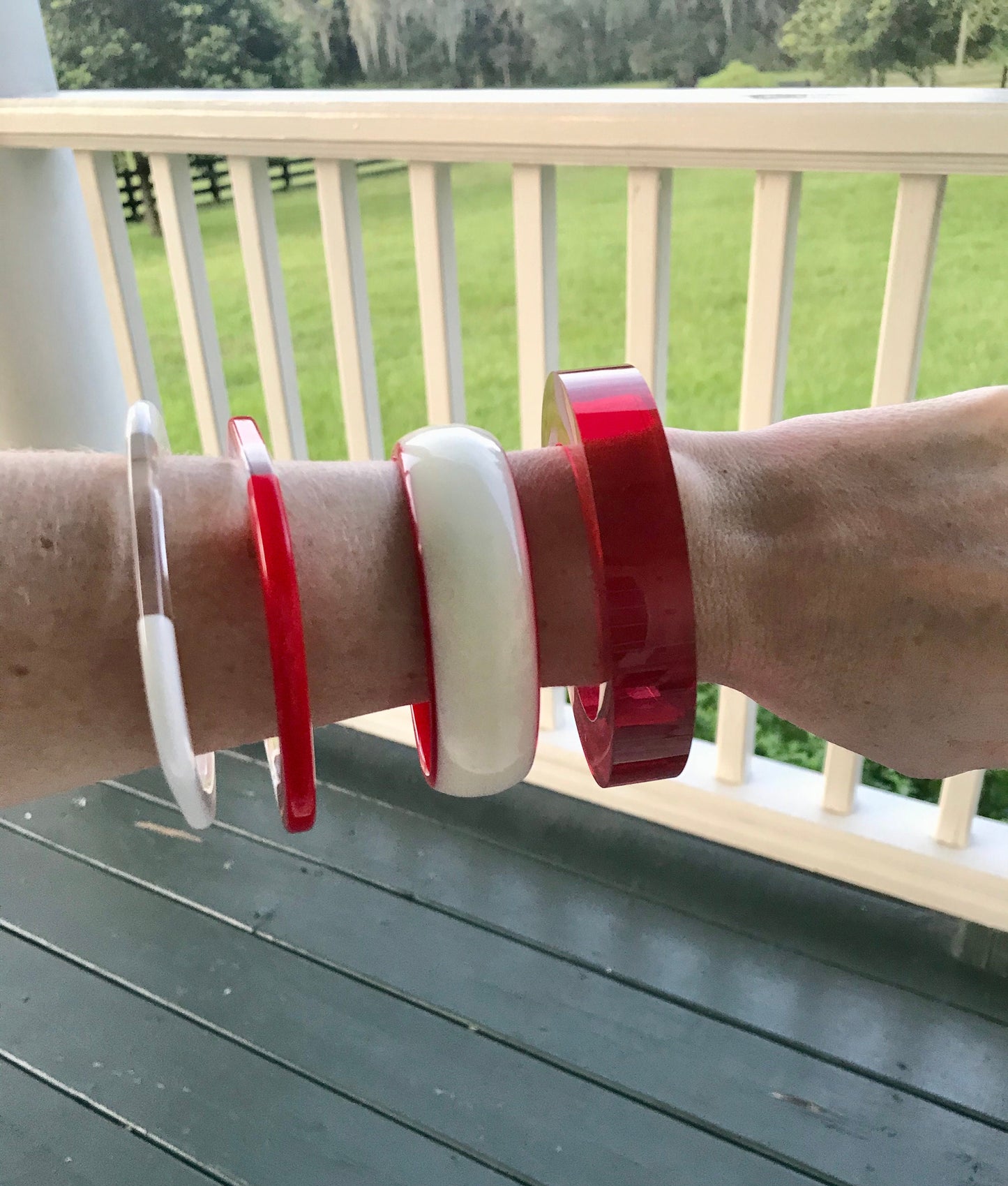 Vintage 1980s Patriotic Bangle Bracelet Set of Red & Clear and White & Clear