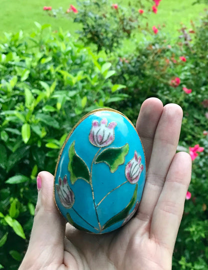 Vintage Cloisonne Blue Enamel and Pink Tulip Lateral Open Egg