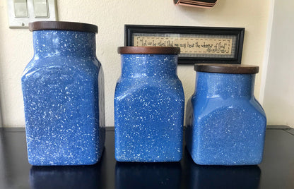 Vintage Blue Speckled Glass Kitchen Canister Set with Bamboo Lids