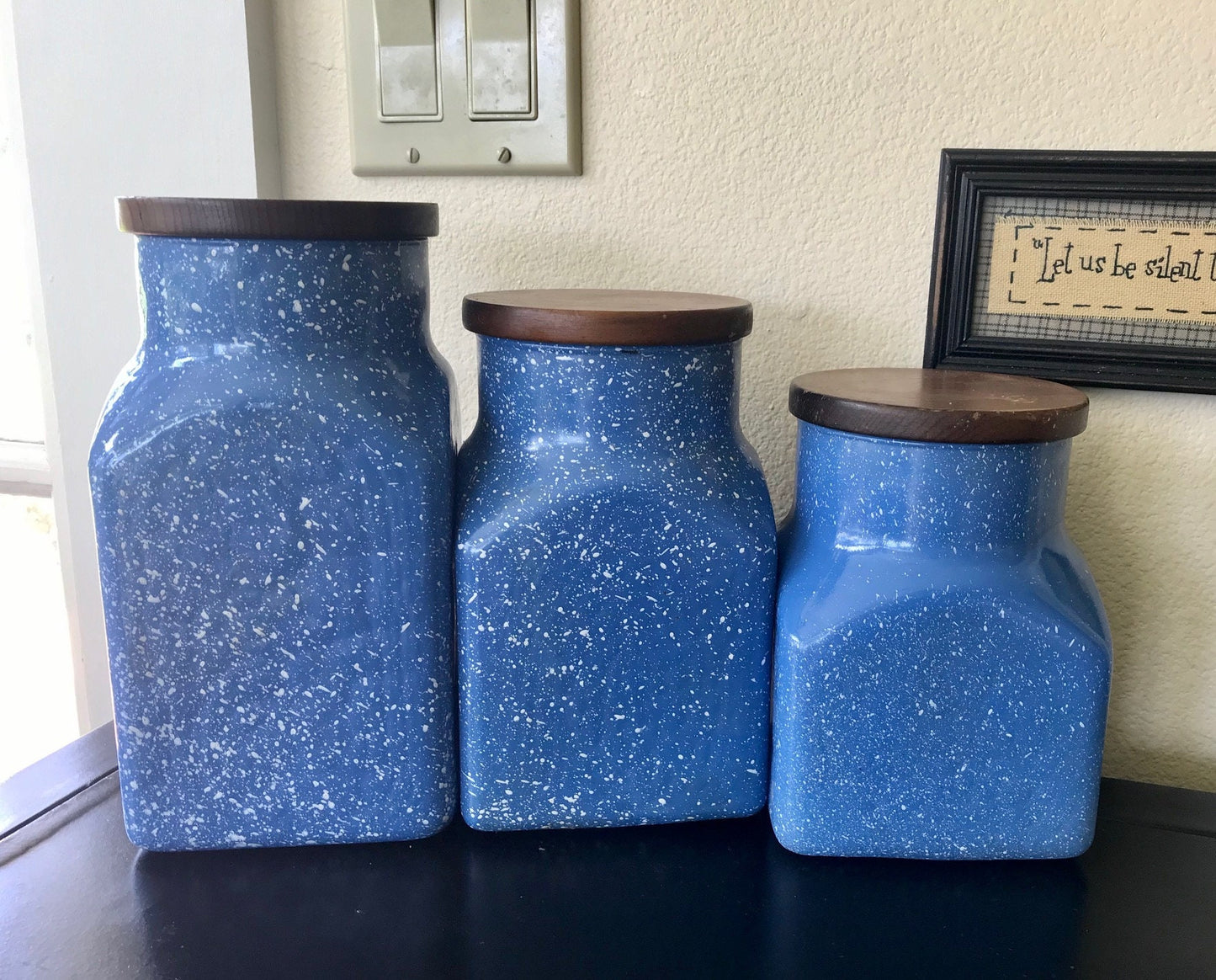 Vintage Blue Speckled Glass Kitchen Canister Set with Bamboo Lids