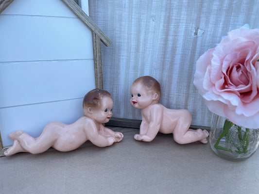 Set of 1945 Antique Plasto Plak Chalkware Baby Wall Hanging Nursey Decoration