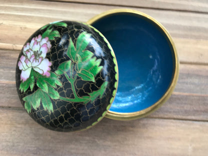 Vintage Cloisonne Black with Pink Flower Round Lidded Powder Jar Trinket Box