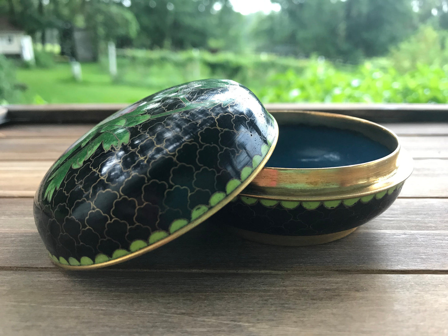 Vintage Cloisonne Black with Pink Flower Round Lidded Powder Jar Trinket Box