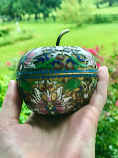 Vintage Cloisonne Ornate Enamel over Bronze Apple Trinket Box Candle