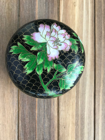 Vintage Cloisonne Black with Pink Flower Round Lidded Powder Jar Trinket Box