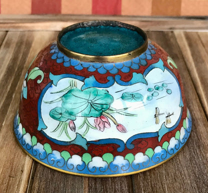 Vintage Cloisonne Enamel over Copper Red Accent Bowl