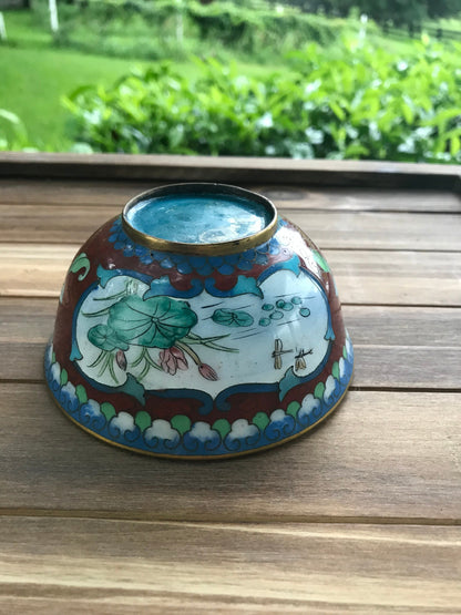 Vintage Cloisonne Enamel over Copper Red Accent Bowl