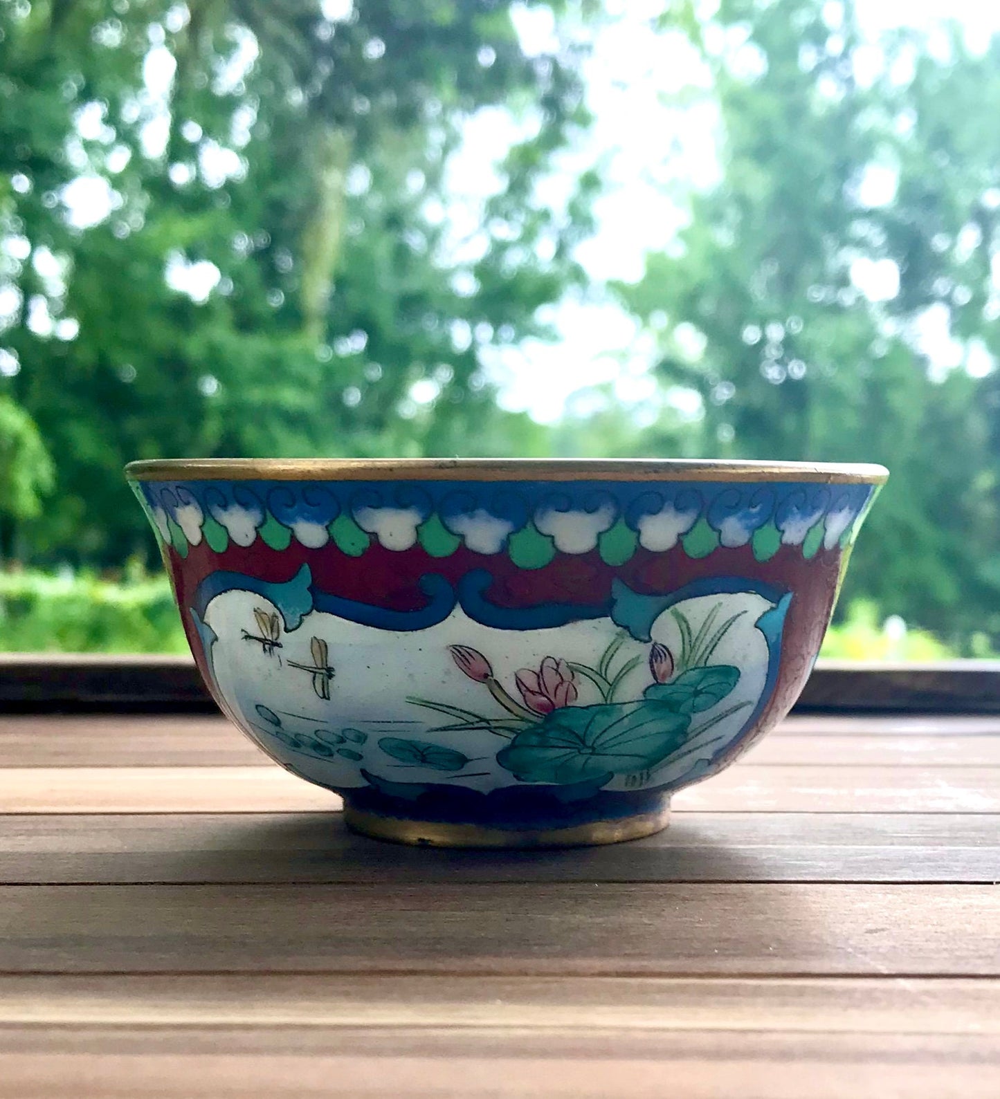 Vintage Cloisonne Enamel over Copper Red Accent Bowl