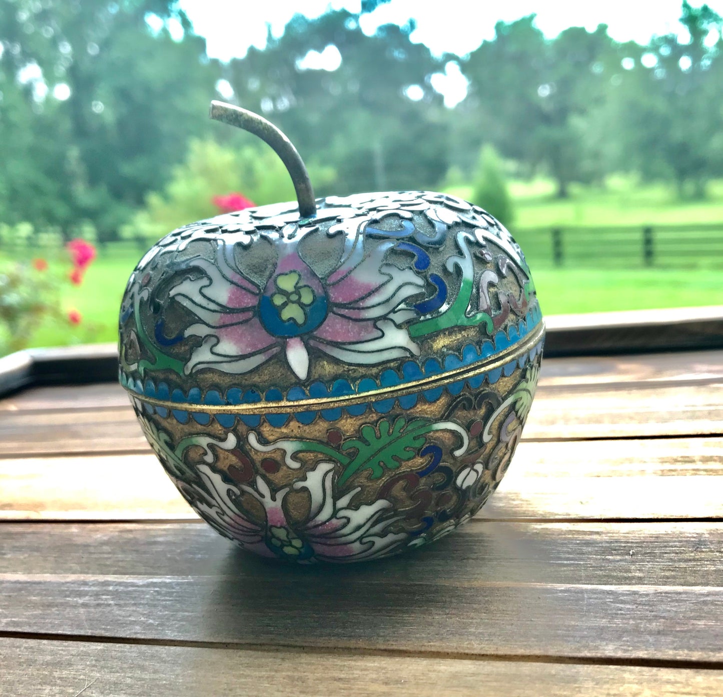 Vintage Cloisonne Ornate Enamel over Bronze Apple Trinket Box Candle