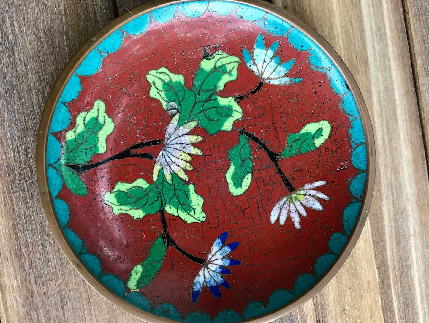 Antique Chinese Cloisonné Red and Blue Enamel over Bronze Round Decorative Plate